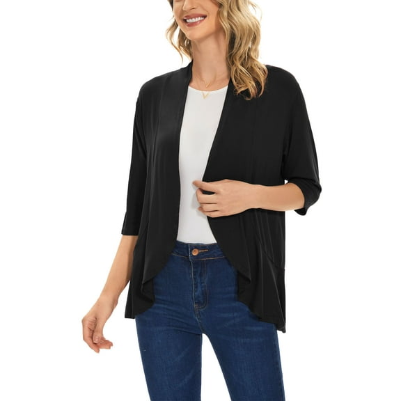 Deago Women's Casual Lightweight Open Front Cardigans Soft Draped Ruffles 3/4 Sleeve Cardigan (Black, M)