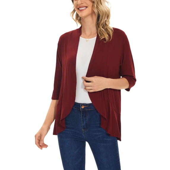 Deago Women's Casual Lightweight Open Front Cardigans Soft Draped Ruffles 3/4 Sleeve Cardigan (Red, XL)
