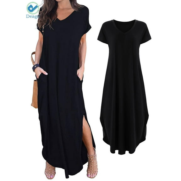 Deago Women's Casual Loose Pocket Long Dress Short Sleeve Split Summer Fall Maxi Dresses (Black,L)