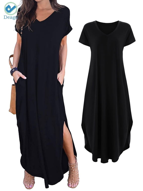 Women's Casual Loose Pocket Long Dress Short Sleeve Split Summer Fall Maxi Dresses (Black,S)