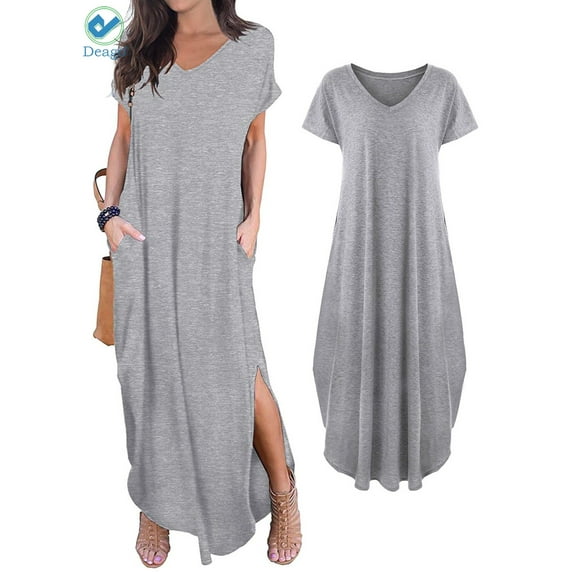 Deago Women's Casual Loose Pocket Long Dress Short Sleeve Split Summer Fall Maxi Dresses (Gray,L)