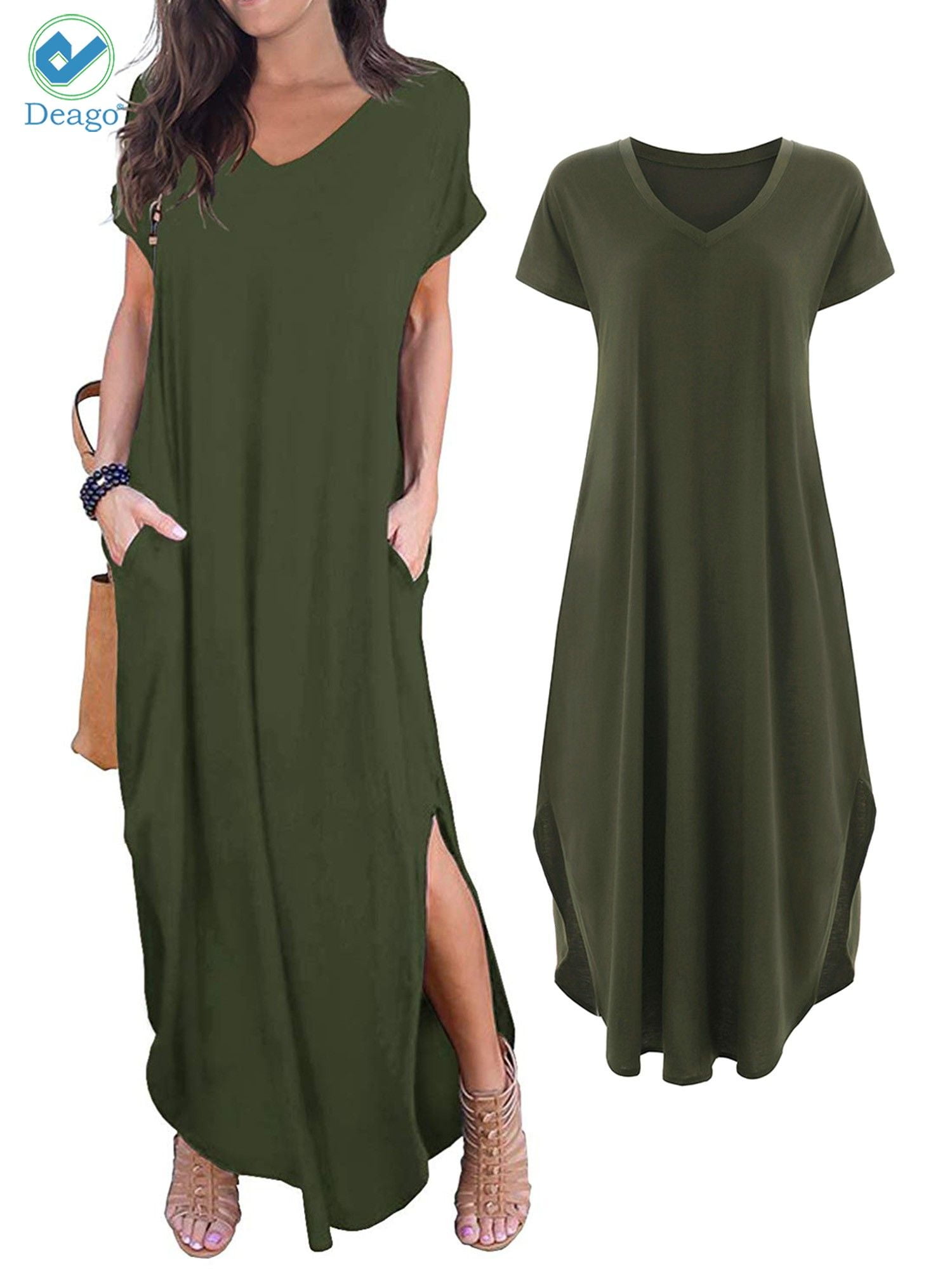 HUSKARY Women's Summer Maxi Dress - Loose Fit, Side Pockets, V-Neck With Split, Casual Beach To Office Dress