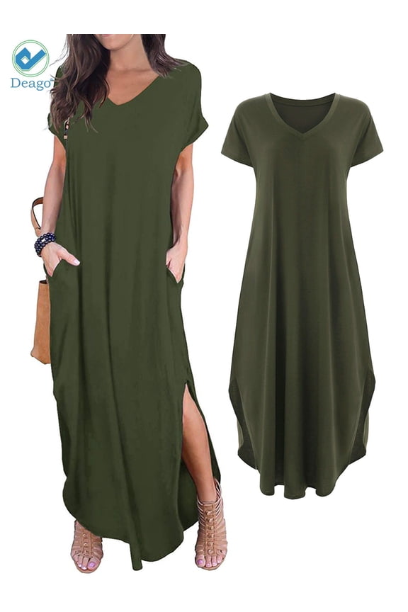 Women's Casual Loose Pocket Long Dress Short Sleeve Split Summer Fall Maxi Dresses (Green,S)