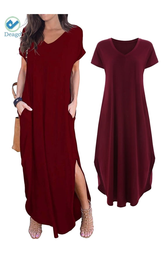 Women's Casual Loose Pocket Long Dress Short Sleeve Split Summer Fall Maxi Dresses (Red,S)