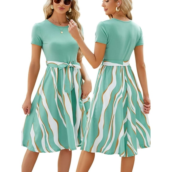 Deago Women's Casual Patchwork Print Dress Short Sleeve Round Neck A-Line Midi Summer Dresses (Green, 2XL)