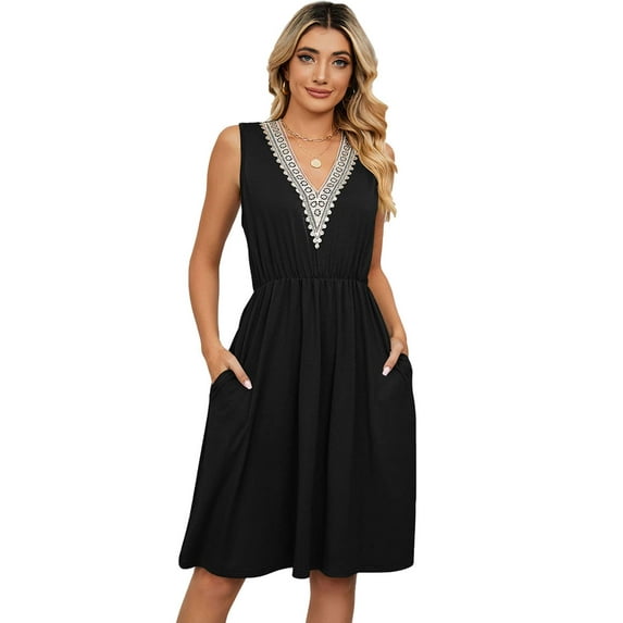Deago Women's Casual V Neck A-Line Sleeveless Dresses Patchwork Lace Midi Summer Dress with Pockets (Black, 2XL)