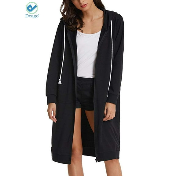 Deago Women's Casual Zip up Hoodies Long Tunic Sweatshirts Jackets Fashion Plus Size Hoodie with Pockets (Black, 3XL)