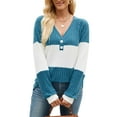 thumbnail image 1 of Deago Women's Color Block Long Sleeve Fall Sweaters Casual Fashion Ribbed Knit V Neck Button Pullover Shirts Tops (Blue, S), 1 of 8