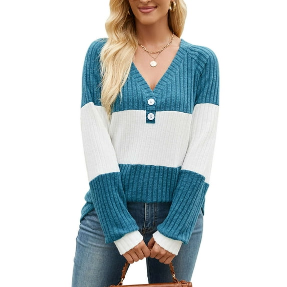 Deago Women's Color Block Long Sleeve Fall Sweaters Casual Fashion Ribbed Knit V Neck Button Pullover Shirts Tops (Blue, S)