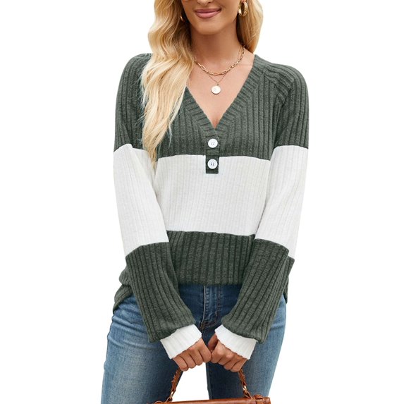 Deago Women's Color Block Long Sleeve Fall Sweaters Casual Fashion Ribbed Knit V Neck Button Pullover Shirts Tops (Green, M)