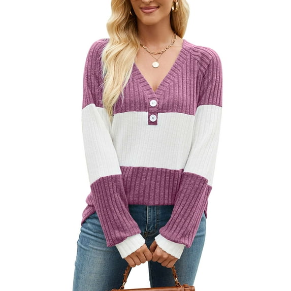 Deago Women's Color Block Long Sleeve Fall Sweaters Casual Fashion Ribbed Knit V Neck Button Pullover Shirts Tops (Purple, M)