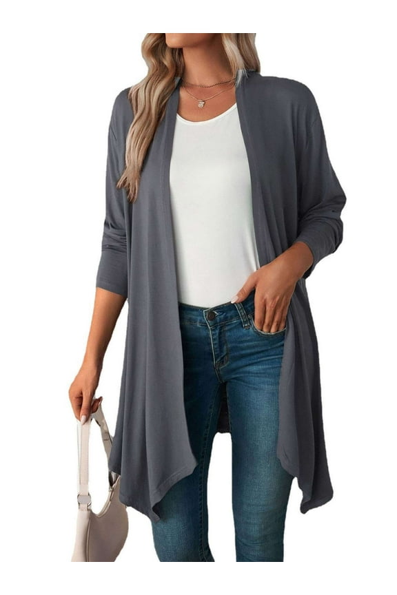 Women's Draped Front Open Cardigan Casual Long Sleeve Lightweight Cardigan Sweaters Duster (Gray, S)