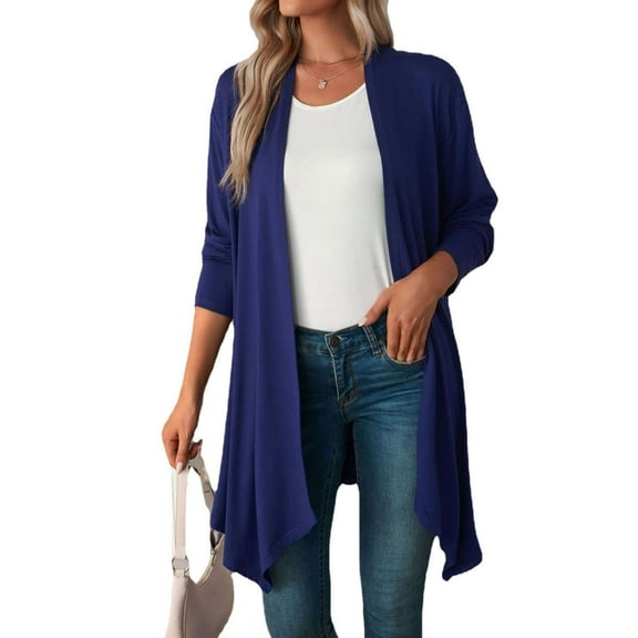 Deago Women's Draped Front Open Cardigan Casual Long Sleeve Lightweight Cardigan Sweaters Duster (Navy, 2XL)