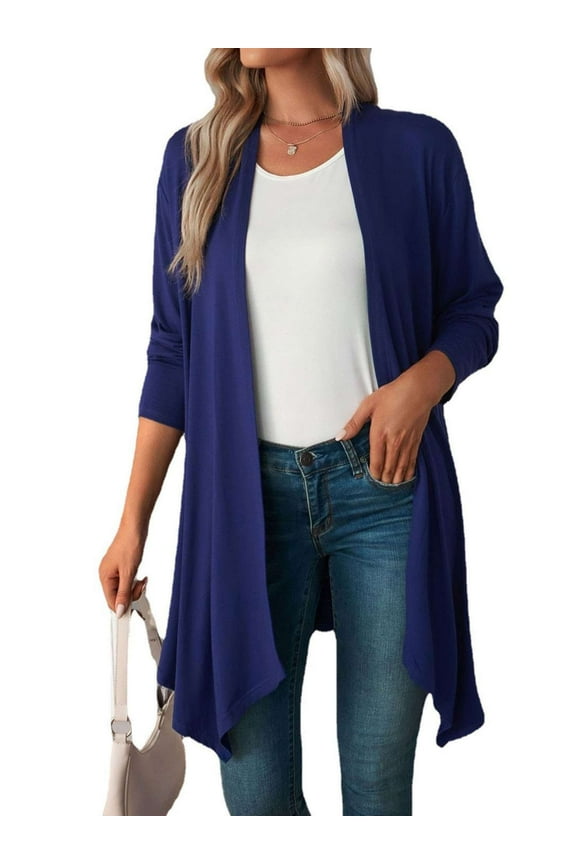 Women's Draped Front Open Cardigan Casual Long Sleeve Lightweight Cardigan Sweaters Duster (Navy, 2XL)