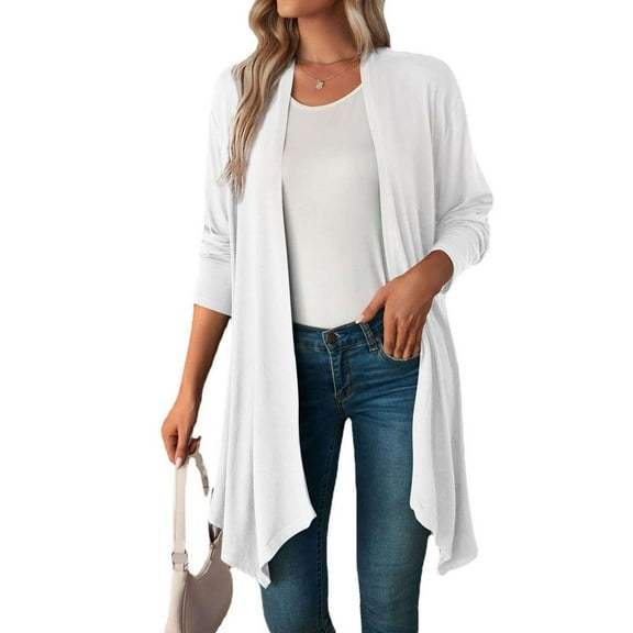 Deago Women's Draped Front Open Cardigan Casual Long Sleeve Lightweight Cardigan Sweaters Duster (White, S)