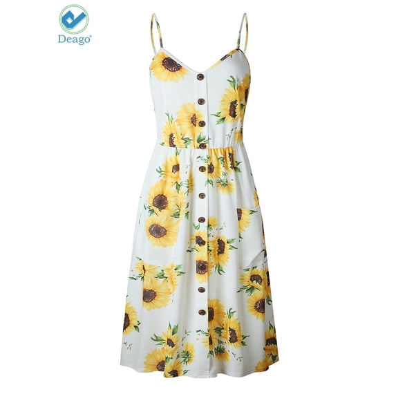Deago Women's Dresses-Summer Floral Bohemian Spaghetti Strap Button Down Swing Midi Dress with Pockets