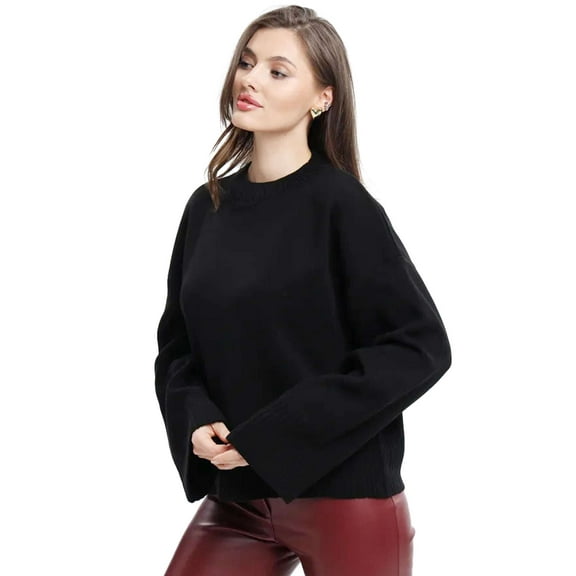 Deago Women's Fall Sweaters Solid Casual Crew Neck Long Sleeve Pullover Tops Ribbed Knit Loose Fit Winter Clothes (Black, M)