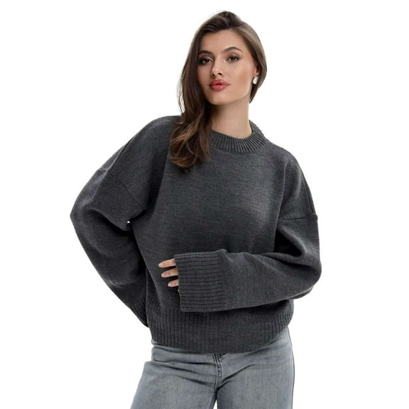 Deago Women's Fall Sweaters Solid Casual Crew Neck Long Sleeve Pullover Tops Ribbed Knit Loose Fit Winter Clothes (Gray, M)