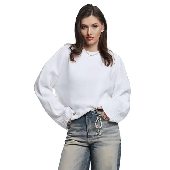 Deago Women's Fall Sweaters Solid Casual Crew Neck Long Sleeve Pullover Tops Ribbed Knit Loose Fit Winter Clothes (White, L)