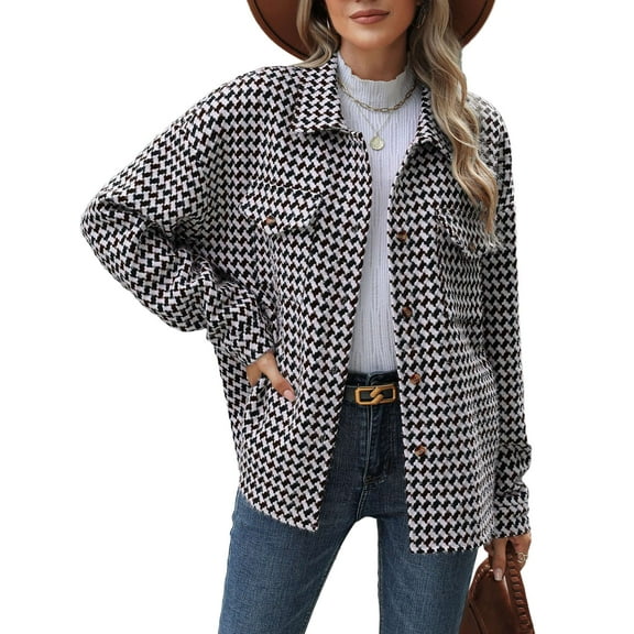 Deago Women's Fashion Cropped Shacket Jacket Casual Plaid Button Down Corduroy Jackets Long Sleeve Fall Coat Tops (Black, M)