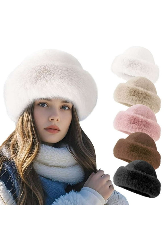 Women's Faux Fur Hats Fluffy Bucket Hat Russian Style Fisherman Plush Warm Hats Cute Fuzzy (Brown)