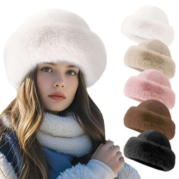 Deago Women's Faux Fur Hats Fluffy Bucket Hat Russian Style Fisherman Plush Warm Hats Cute Fuzzy (Pink)