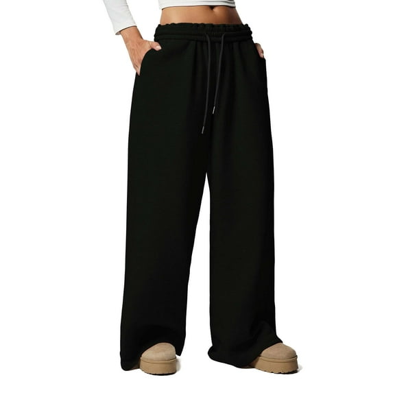 Deago Women's Fleece Lined Sweatpants Wide Leg Thermal Winter Warm Drawstring Baggy Sweat Pants with Pockets (Black, M)