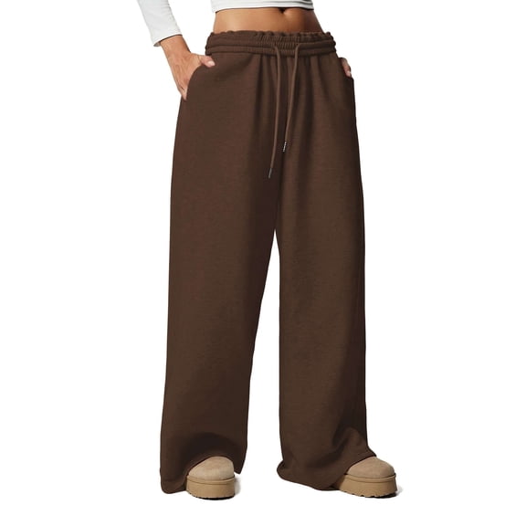 Deago Women's Fleece Lined Sweatpants Wide Leg Thermal Winter Warm Drawstring Baggy Sweat Pants with Pockets (Coffee, M)