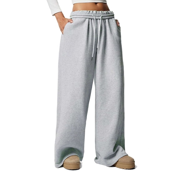 Deago Women's Fleece Lined Sweatpants Wide Leg Thermal Winter Warm Drawstring Baggy Sweat Pants with Pockets (Light Gray, XL)
