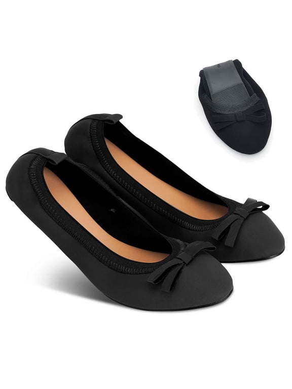 Women's Foldable Ballet Flats Bowknot Round Toe Comfort Light Weight Slip-On Dress Shoes (Black)