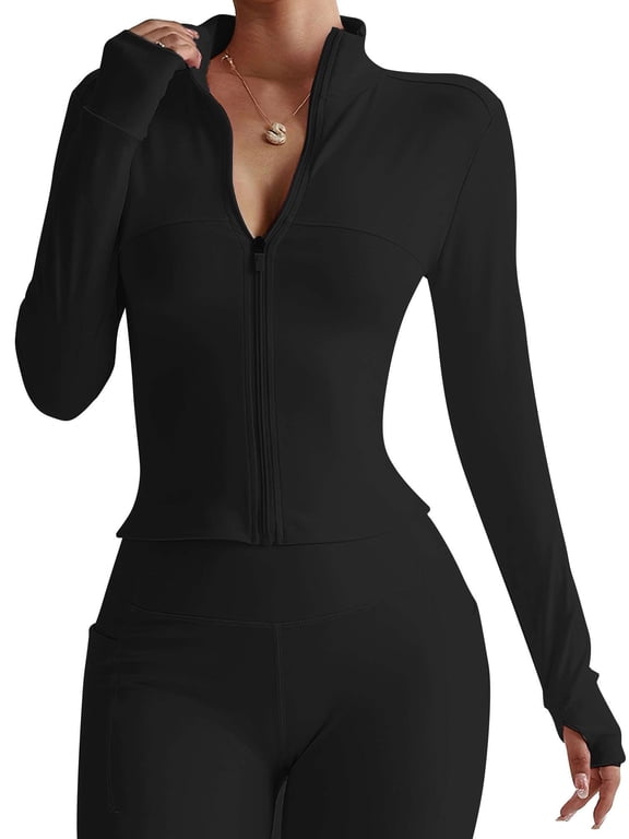 Women's Full Zip Workout Jackets Lightweight Running Yoga Jacket Cropped Slim Fit Athletic Tops with Thumb Holes (Black, S)