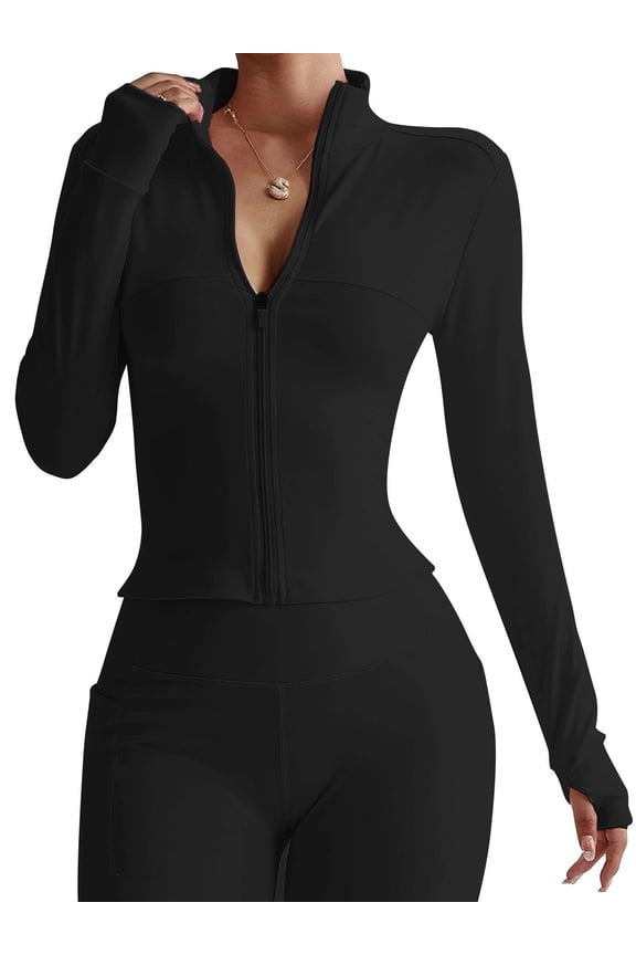 Women's Full Zip Workout Jackets Lightweight Running Yoga Jacket Cropped Slim Fit Athletic Tops with Thumb Holes (Black, S)