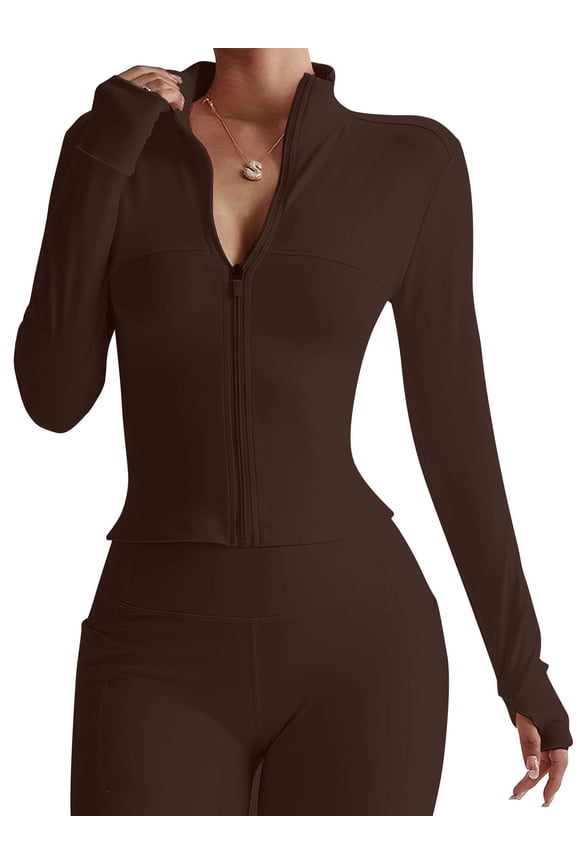 Women's Full Zip Workout Jackets Lightweight Running Yoga Jacket Cropped Slim Fit Athletic Tops with Thumb Holes (Brown, S)