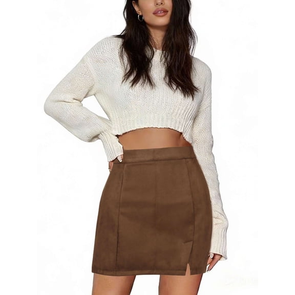 Deago Women's High Waist Faux Suede Side Split Bodycon Short A Line Mini Pencil Skirt (Brown, S)
