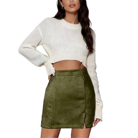 Deago Women's High Waist Faux Suede Side Split Bodycon Short A Line Mini Pencil Skirt (Green, XL)