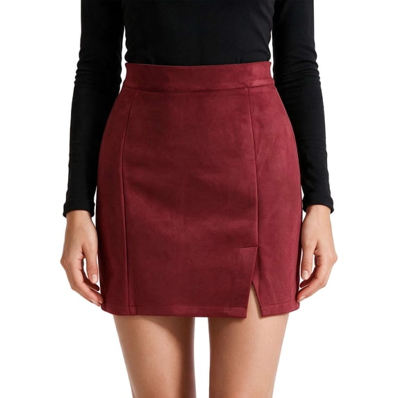 Deago Women's High Waist Faux Suede Side Split Bodycon Short A Line Mini Pencil Skirt (Red, XL)