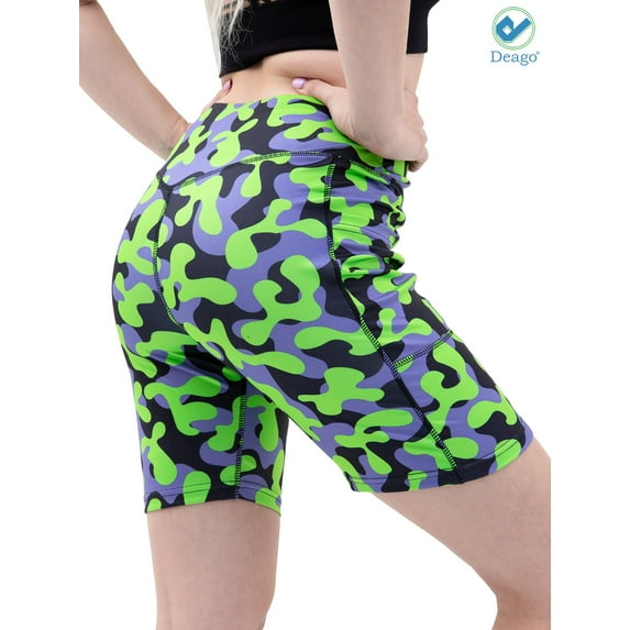 Deago Women's High Waist Workout Yoga Pants Running Compression Shorts Tummy Control with Side Pockets (Green, L)
