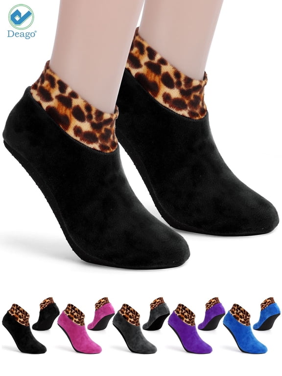 Women's Indoor Non-slip Thermal Slipper Socks Leopard Floor Socks Fuzzy Slipper Socks for Ladies Girls (Black)