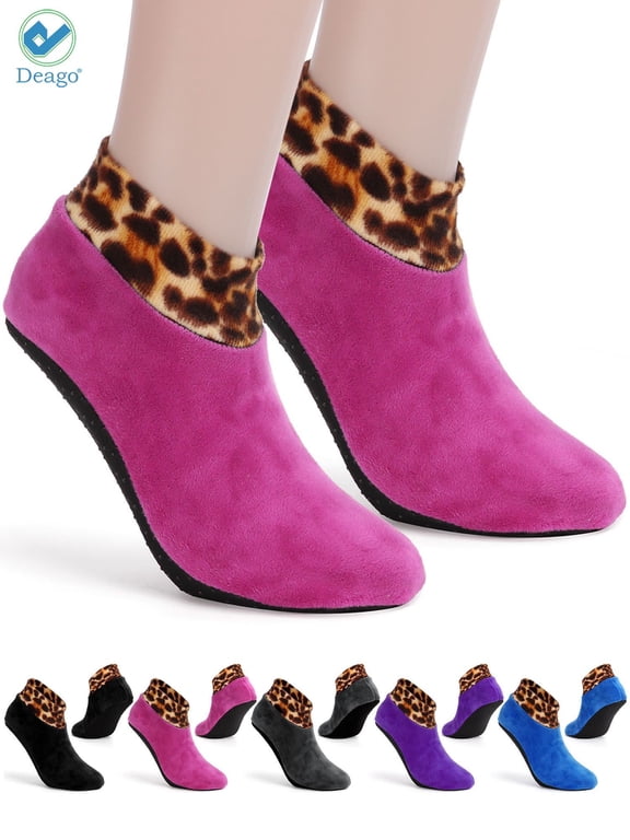 Women's Indoor Non-slip Thermal Slipper Socks Leopard Floor Socks Fuzzy Slipper Socks for Ladies Girls (Rose Red)