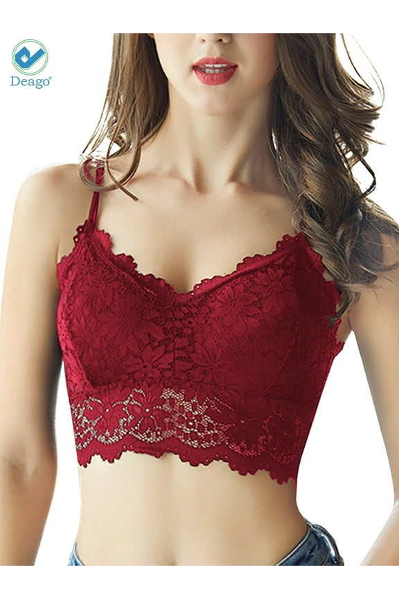 Women's Lace Padded Bralette Bra Top Floral Stretch Wirefree Lingerie Sexy Bras (L,Red)