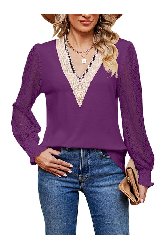 Women's Lace V Neck Puff Long Sleeve Eyelet Tops Dressy Business Work Casual Loose T Shirts Blouse (Purple, S)