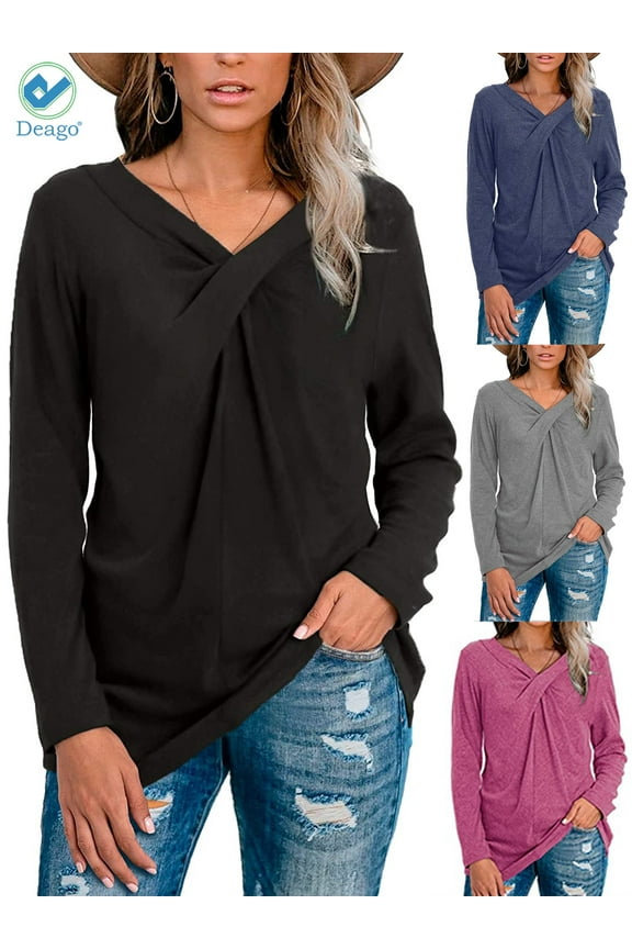 Women's Long Sleeve V Neck T Shirt Twist Cross Knot Tunic Tops Casual Loose Fitted Blouse (Black, 2XL)