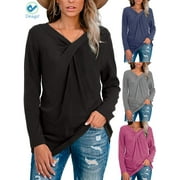 Deago Women's Long Sleeve V Neck T Shirt Twist Cross Knot Tunic Tops Casual Loose Fitted Blouse (Black, M)