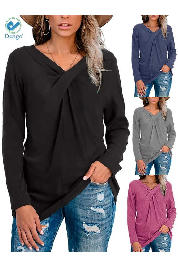 Women's Long Sleeve V Neck T Shirt Twist Cross Knot Tunic Tops Casual Loose Fitted Blouse (Black, M)