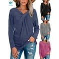 thumbnail image 1 of Deago Women's Long Sleeve V Neck T Shirt Twist Cross Knot Tunic Tops Casual Loose Fitted Blouse (Blue, 2XL), 1 of 9