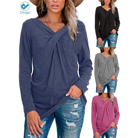 Deago Women's Long Sleeve V Neck T Shirt Twist Cross Knot Tunic Tops Casual Loose Fitted Blouse (Blue, 2XL)