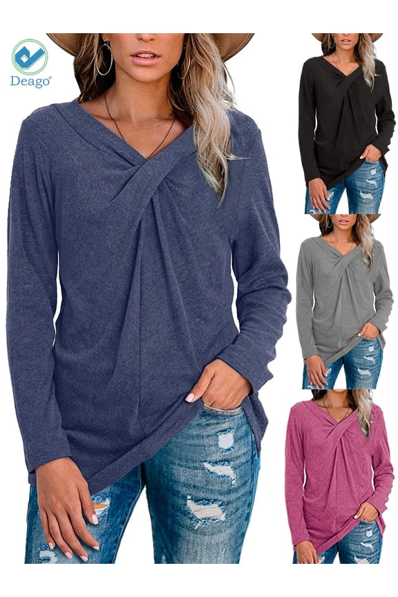 Women's Long Sleeve V Neck T Shirt Twist Cross Knot Tunic Tops Casual Loose Fitted Blouse (Blue, 2XL)