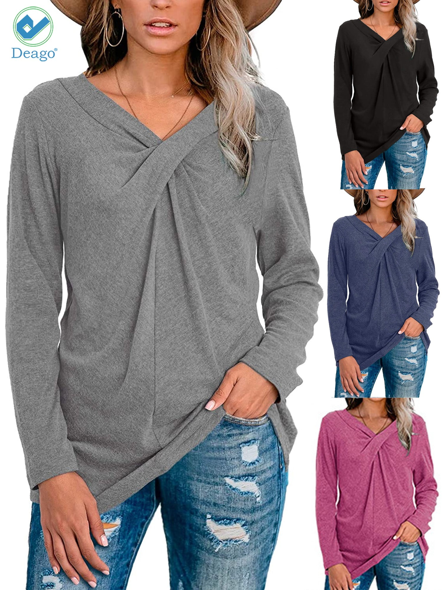 Women's Casual Long Sleeve T-Shirt With Front Twist Knot - Loose Fit Tunic Top, Rayon Blend