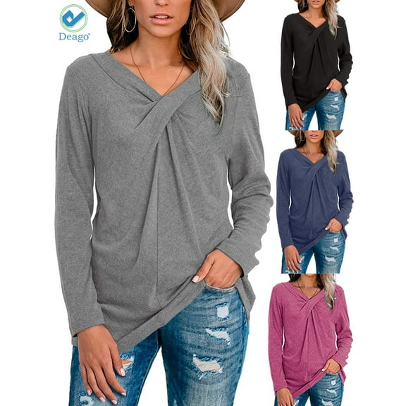 Deago Women's Long Sleeve V Neck T Shirt Twist Cross Knot Tunic Tops Casual Loose Fitted Blouse (Gray, M)