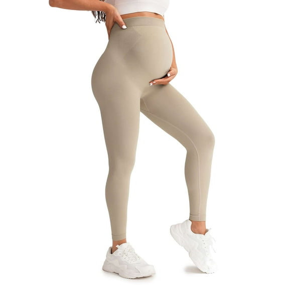 Deago Women's Maternity Leggings Over The Belly Soft Non-See-Through Workout Yoga Pants Pregnancy Leggings (Apricot, S)